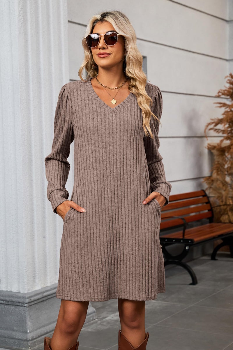 Halife Women Long Sleeve Knit Dress V Neck A Line Lightweight Sweater Dress for Fall Holiday Dresses Coffee L - Image 5
