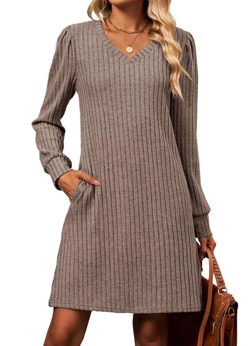 Halife Women Long Sleeve Knit Dress V Neck A Line Lightweight Sweater Dress for Fall Holiday Dresses Coffee L - Image 2