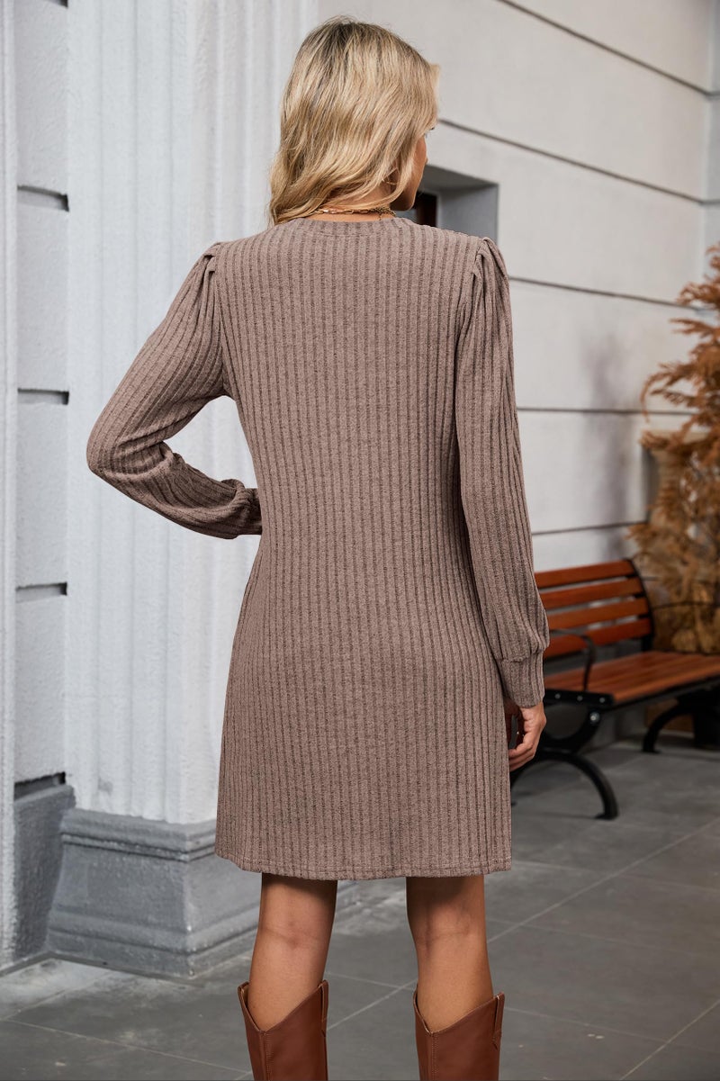 Halife Women Long Sleeve Knit Dress V Neck A Line Lightweight Sweater Dress for Fall Holiday Dresses Coffee L - Image 3