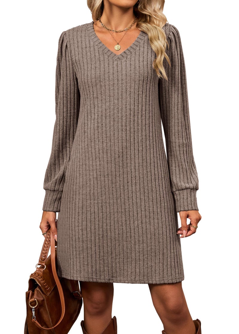 Halife Women Long Sleeve Knit Dress V Neck A Line Lightweight Sweater Dress for Fall Holiday Dresses Coffee L - Image 1