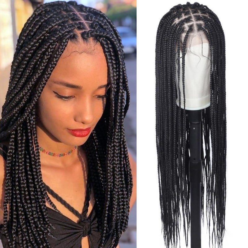 13x7 باروكة ضفائر بدون عقد من الدانتيل ألياف صناعية سوداء بطول 34 بوصة