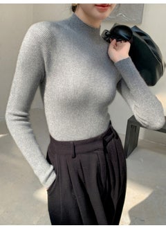 Slim Fit Half High Neck Solid Color Knitted Sweater Womens Base Layer Autumn Winter Fashion Comfortable Casual Knitwear medium gray