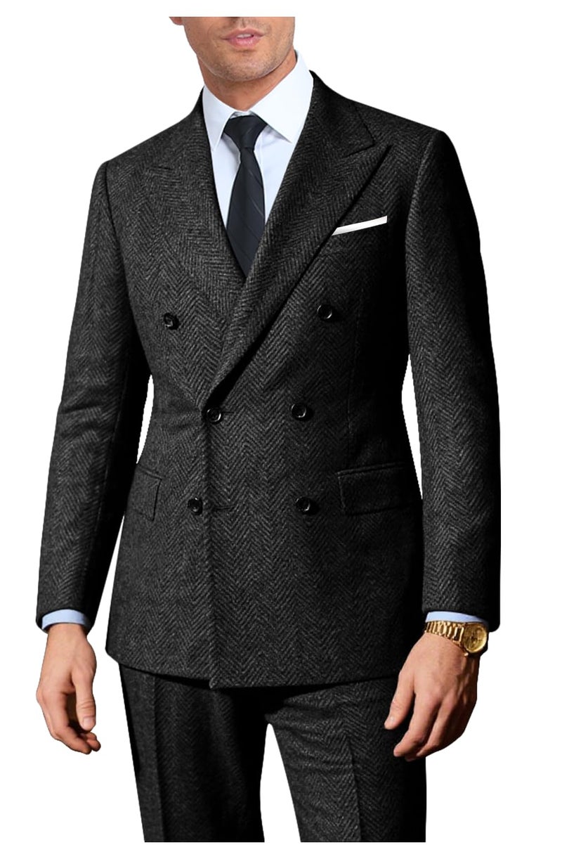 Lynerun Tweed Herringbone Suit Men 2 Piece Slim Fit Black Suits for Men Formal Double Breasted Wool Jacket Pants Set Prom Tuxedo M - Image 1