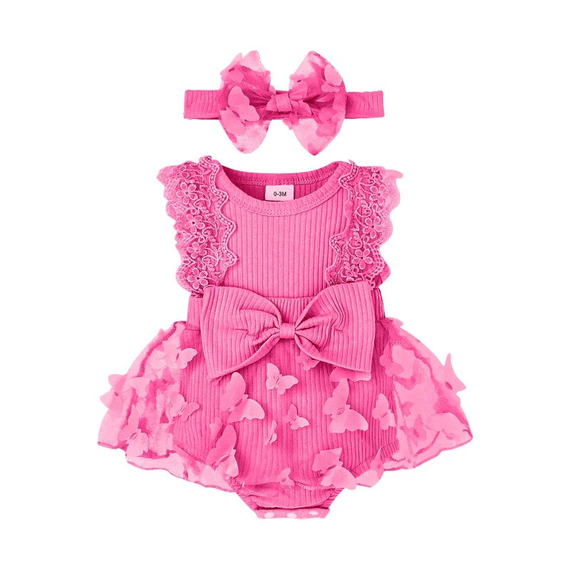 FOCICI 0-3 Months Baby Girl Clothes Summer Cute Newborn Outfits Sleeveless Lace One Piece Romper + Headband 2pcs Set Rose Pink 0-3 Months - Image 1
