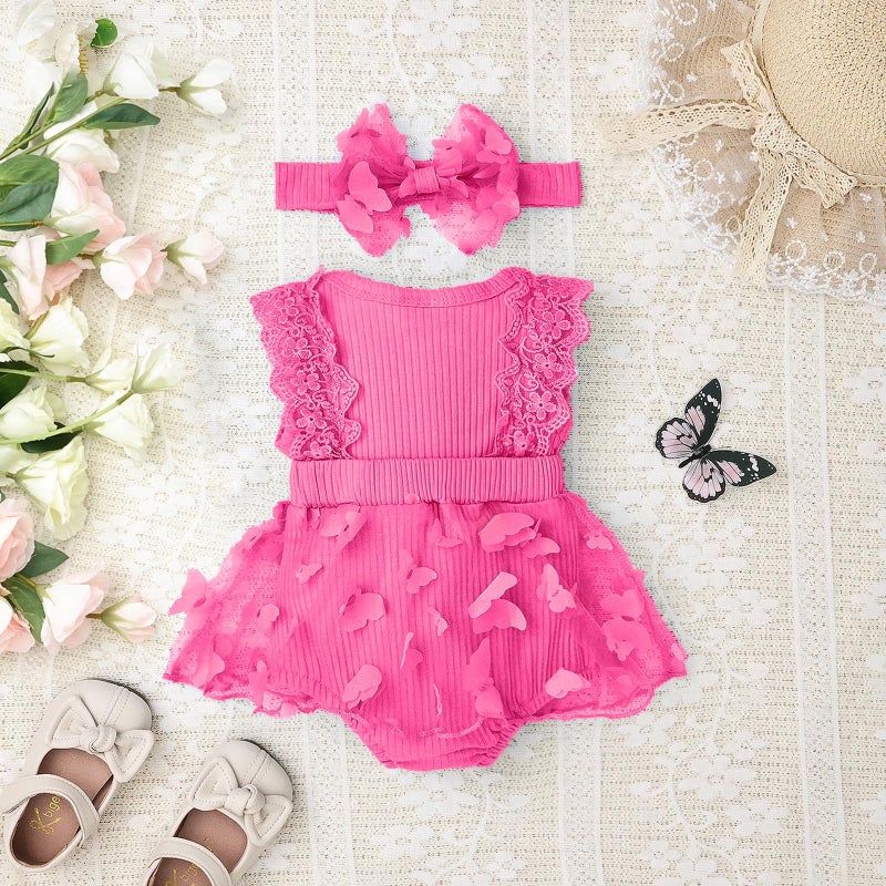 FOCICI 0-3 Months Baby Girl Clothes Summer Cute Newborn Outfits Sleeveless Lace One Piece Romper + Headband 2pcs Set Rose Pink 0-3 Months - Image 4