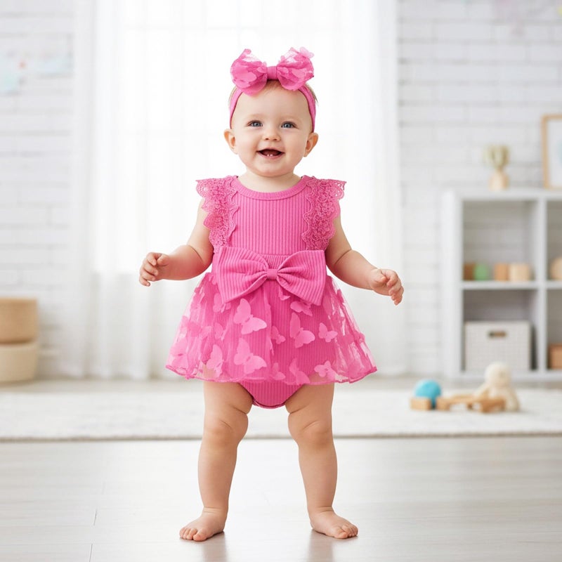 FOCICI 0-3 Months Baby Girl Clothes Summer Cute Newborn Outfits Sleeveless Lace One Piece Romper + Headband 2pcs Set Rose Pink 0-3 Months - Image 2