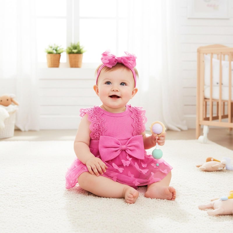FOCICI 0-3 Months Baby Girl Clothes Summer Cute Newborn Outfits Sleeveless Lace One Piece Romper + Headband 2pcs Set Rose Pink 0-3 Months - Image 3