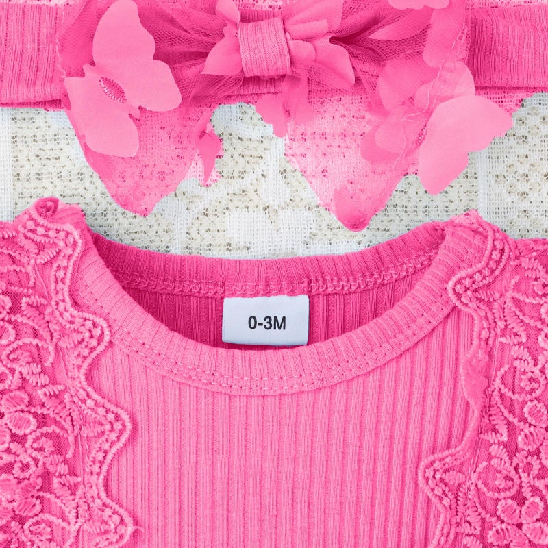 FOCICI 0-3 Months Baby Girl Clothes Summer Cute Newborn Outfits Sleeveless Lace One Piece Romper + Headband 2pcs Set Rose Pink 0-3 Months - Image 5