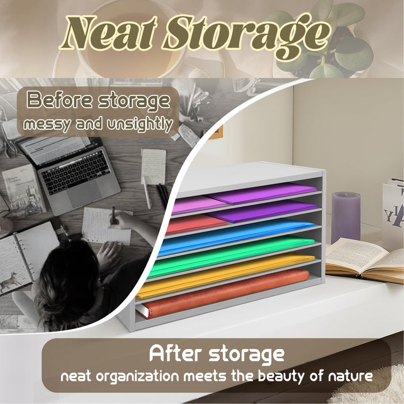 PROLEE Construction Paper Organizer 20" x 13.5" x12.2",Soild Wooden Paper Organizer with 6-Tier Letter Trays, Desktop File Papers Sorter for Home, Classroom and Office (Black) - Image 4