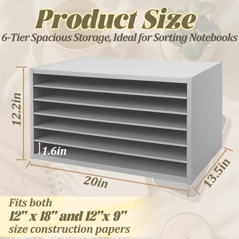 PROLEE Construction Paper Organizer 20" x 13.5" x12.2",Soild Wooden Paper Organizer with 6-Tier Letter Trays, Desktop File Papers Sorter for Home, Classroom and Office (Black) - Image 2