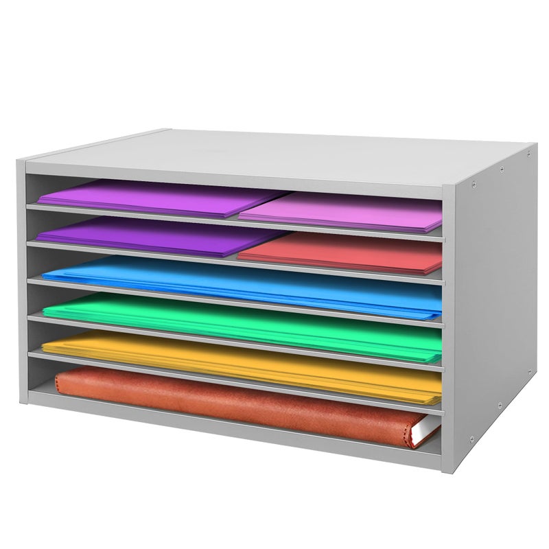PROLEE Construction Paper Organizer 20" x 13.5" x12.2",Soild Wooden Paper Organizer with 6-Tier Letter Trays, Desktop File Papers Sorter for Home, Classroom and Office (Black) - Image 1
