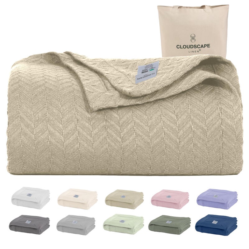 CloudScape Linen CLOUDSCAPE 100 Cotton Queen Size Blanket Soft Herringbone Weave 92x92 Fits Upto Full Size Breathable Lightweight Summer Queen Cotton Blanket for Adults All Season Blankets Fog - Image 2