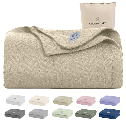 CloudScape Linen CLOUDSCAPE 100 Cotton Queen Size Blanket Soft Herringbone Weave 92x92 Fits Upto Full Size Breathable Lightweight Summer Queen Cotton Blanket for Adults All Season Blankets Fog - Image 1