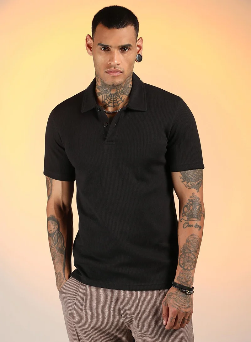 Men's Onyx Black Ribbed Polo T-Shirt