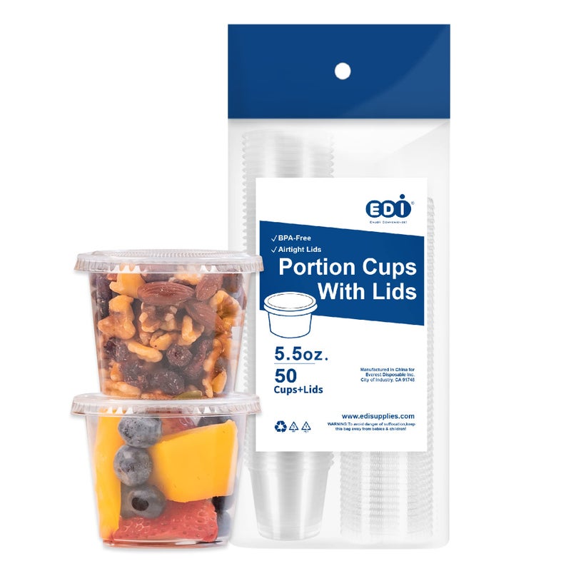 55 OZ 50 Sets EDI Clear Disposable Plastic Portion Cups with Leakproof Lids Jello ShotSouffle Cups Condiment and Dipping Sauce Cups BPA Free Recyclable