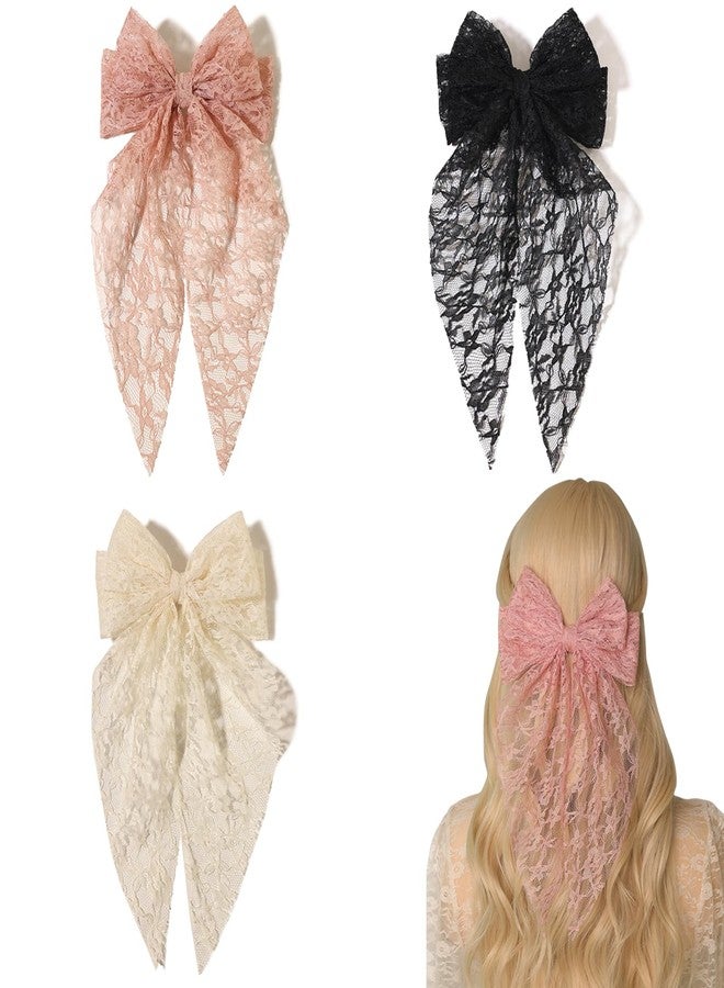 LFOUVRE Womens Hair Accessories - Lace Bow Clips, Large Bowknots with Long Tails, Barrettes in Black, Beige, and Pink - 3pcs Set - Image 1