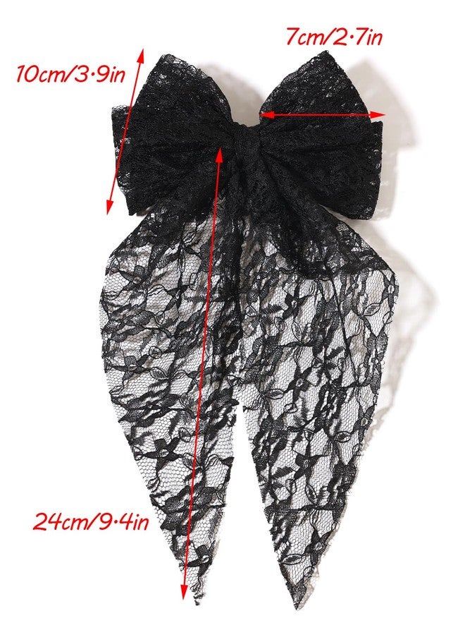 LFOUVRE Womens Hair Accessories - Lace Bow Clips, Large Bowknots with Long Tails, Barrettes in Black, Beige, and Pink - 3pcs Set - Image 4