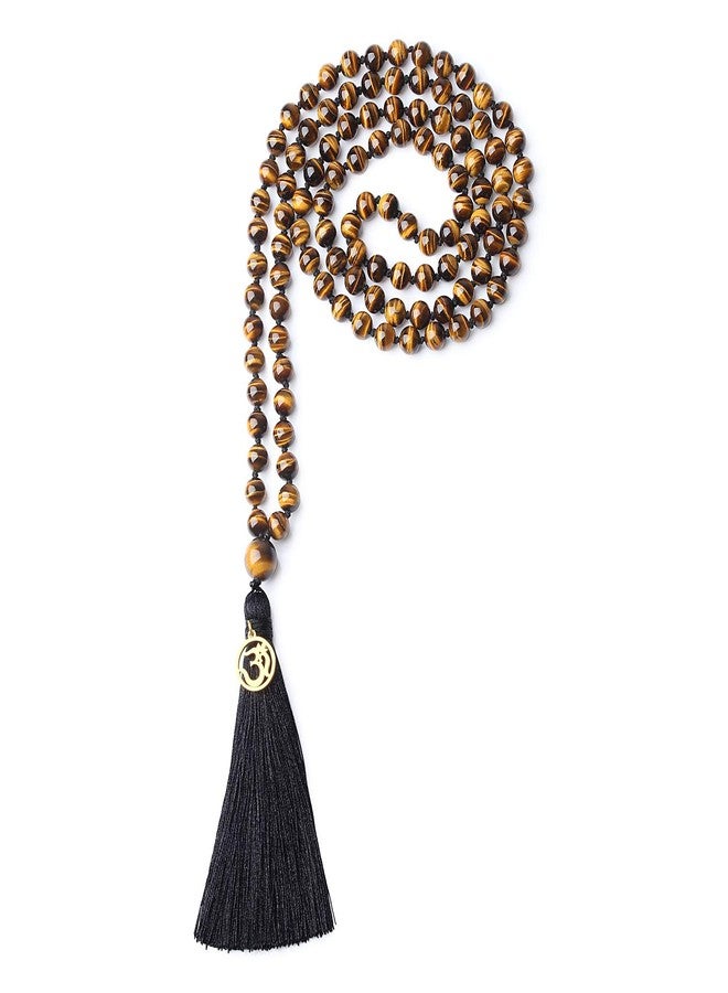 COAI OM Charm Hand Knotted Tassel 108 Mala Beads Tiger Eye Stone Beaded Necklace 6mm - Image 1
