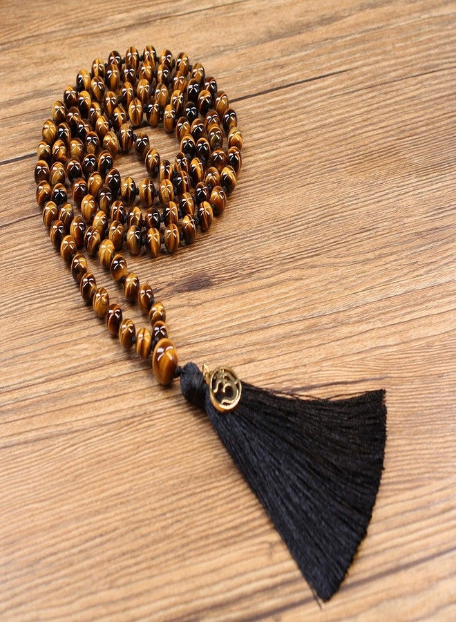 COAI OM Charm Hand Knotted Tassel 108 Mala Beads Tiger Eye Stone Beaded Necklace 6mm - Image 3