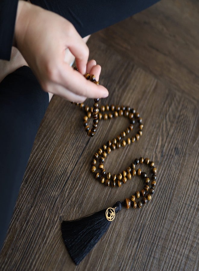 COAI OM Charm Hand Knotted Tassel 108 Mala Beads Tiger Eye Stone Beaded Necklace 6mm - Image 2