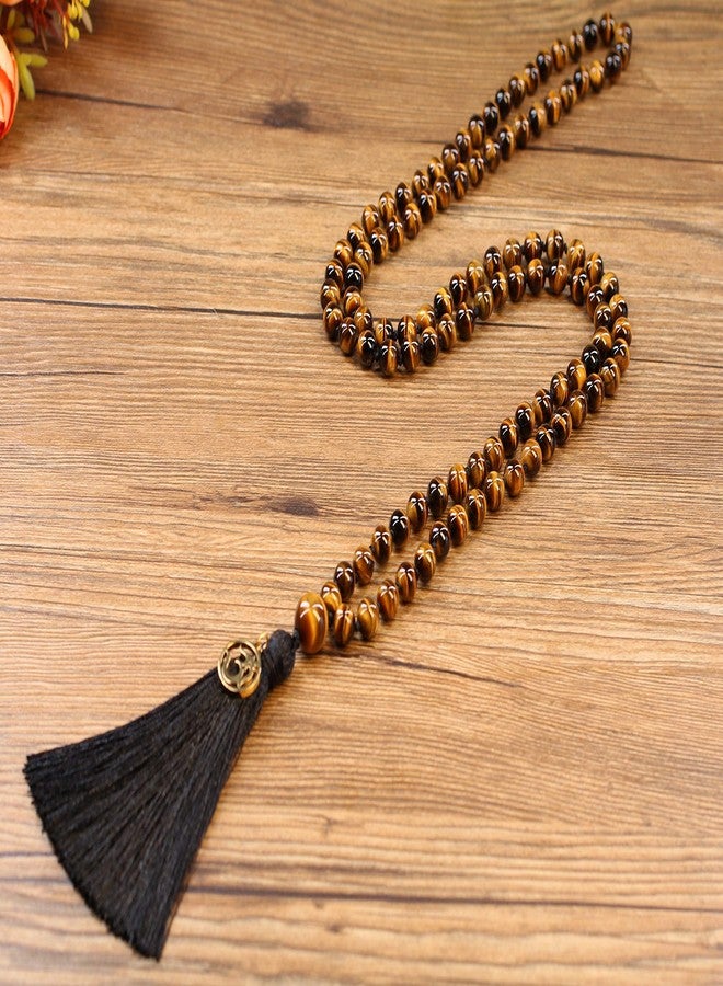 COAI OM Charm Hand Knotted Tassel 108 Mala Beads Tiger Eye Stone Beaded Necklace 6mm - Image 4