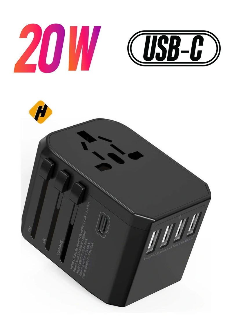 HuHa - Universal Adapter with Power Socket Plugs and Plug Adaptor with 3 Ultra-Fast USB  Port and 1 Brisk USB Type C Port (Black) with  20W Dual Port USB C PD Fast ChargerUSB C to Lightning Cable - Image 1