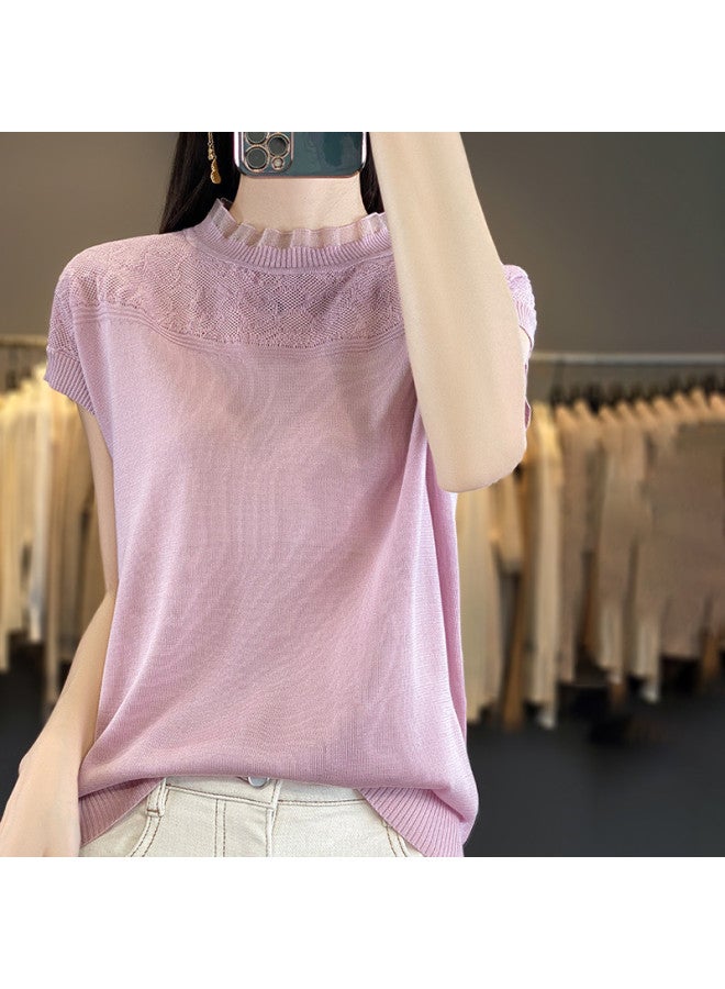 MIIOW 2025 Hot Chiffon Knitted Sweater For Women, Breathable Thin Hollow-Out Short Sleeve Pullover Base Layer - Image 3