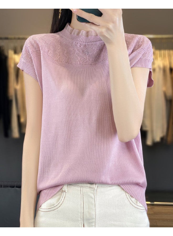 MIIOW 2025 Hot Chiffon Knitted Sweater For Women, Breathable Thin Hollow-Out Short Sleeve Pullover Base Layer - Image 1