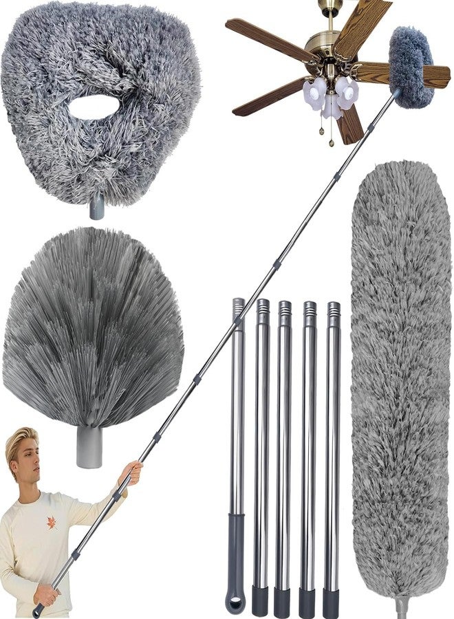 Tonmp 20+ Ft High Reach Ceiling Fan Duster & Cobweb & Corner Brush Duster with 3-14 ft Spliceable Pole Microfiber Feather Duster for Spider Web, High Ceiling, Blinds, Furniture Cleaning Tool Kit - Image 1