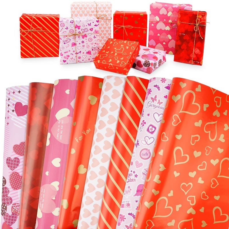 LOVEXIU Valentines Day Gift Wrapping Paper - 8 Sheets, 70x50cm, Love Heart Pattern for Wedding, Birthday - Red - Image 1