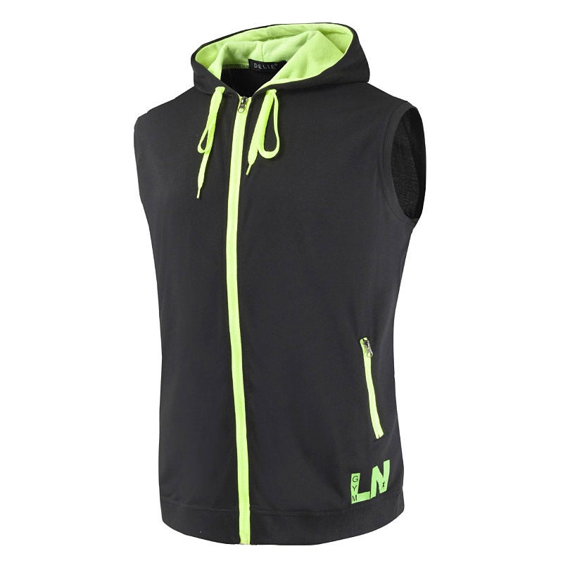 2023 Summer hooded zipper vest sports fitness printed cardigan mens sleeveless vest base shirt a generation of hair Black Plus Green