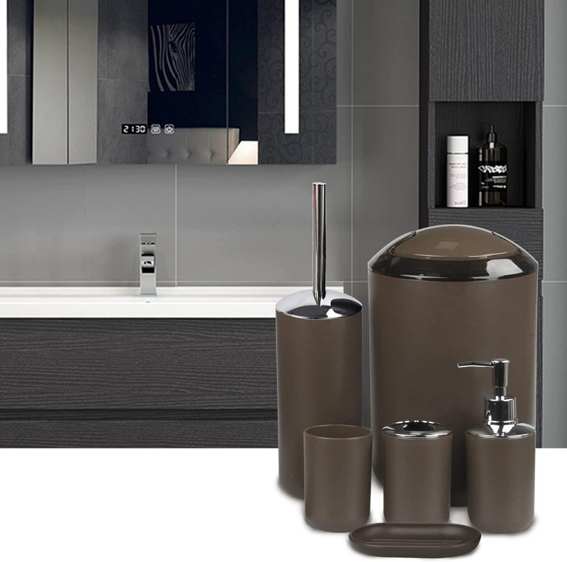 CERBIOR مجموعة إكسسوارات الحمام المكونة من 6 قطع تشمل موزع الصابون، حامل فرشاة الأسنان، كوب فرشاة الأسنان، طبق الصابون لسطح الزينة وهدية ترحيب، بني - Image 5