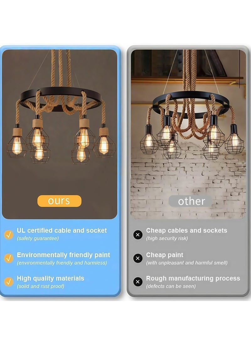 HUA QIANG WANG Retro 6-Light Industrial Pendant Light,American Country Style Rope Chandelier Ceiling Light Fixture,Vintage Iron Cage Hanging Lamp for Kitchen Island Dining Room Living Room Bedroom  - Image 5