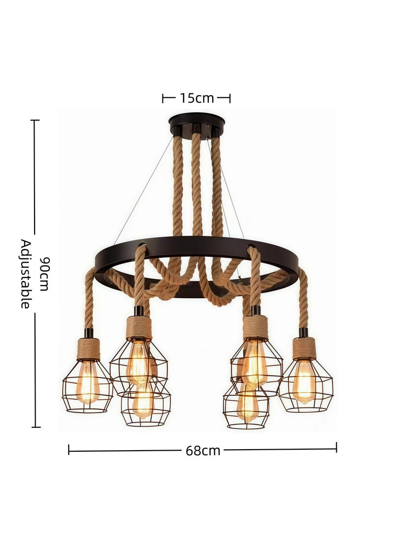 HUA QIANG WANG Retro 6-Light Industrial Pendant Light,American Country Style Rope Chandelier Ceiling Light Fixture,Vintage Iron Cage Hanging Lamp for Kitchen Island Dining Room Living Room Bedroom  - Image 3