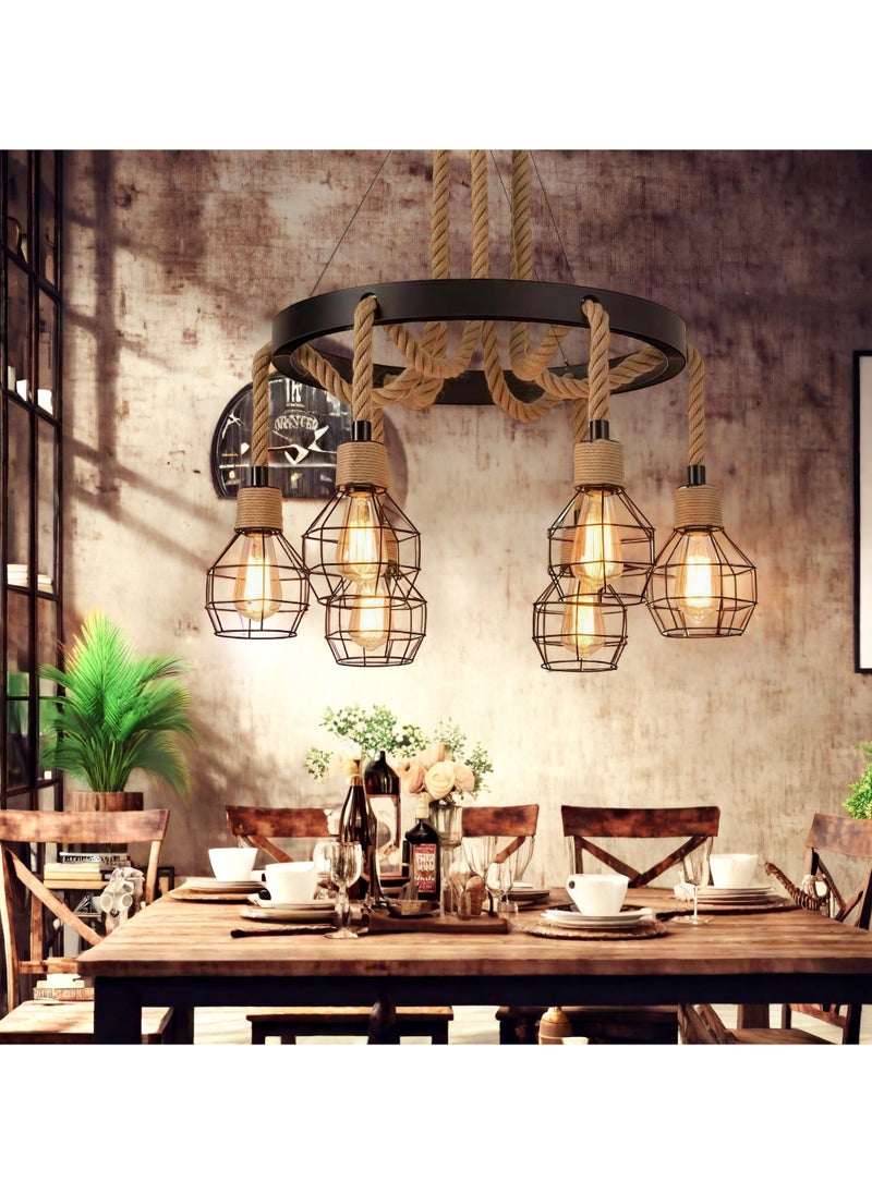 HUA QIANG WANG Retro 6-Light Industrial Pendant Light,American Country Style Rope Chandelier Ceiling Light Fixture,Vintage Iron Cage Hanging Lamp for Kitchen Island Dining Room Living Room Bedroom  - Image 2