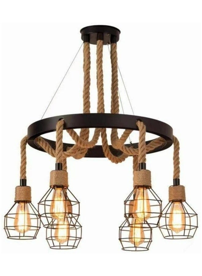 HUA QIANG WANG - Retro 6-Light Industrial Pendant Light,American Country Style Rope Chandelier Ceiling Light Fixture,Vintage Iron Cage Hanging Lamp for Kitchen Island Dining Room Living Room Bedroom - Image 1
