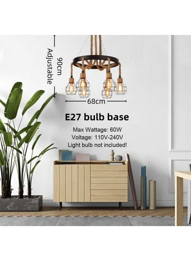 HUA QIANG WANG - Retro 6-Light Industrial Pendant Light,American Country Style Rope Chandelier Ceiling Light Fixture,Vintage Iron Cage Hanging Lamp for Kitchen Island Dining Room Living Room Bedroom - Image 1