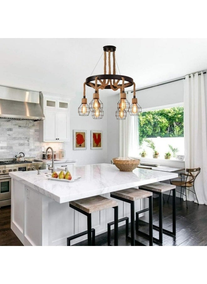 HUA QIANG WANG - Retro 6-Light Industrial Pendant Light,American Country Style Rope Chandelier Ceiling Light Fixture,Vintage Iron Cage Hanging Lamp for Kitchen Island Dining Room Living Room Bedroom - Image 1