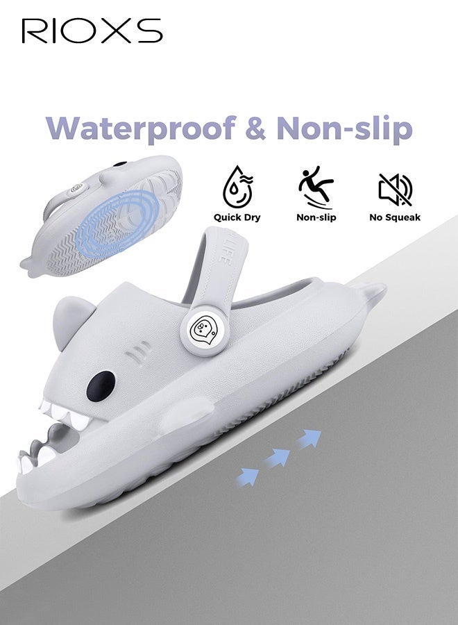 RIOXS Kids Shark Cloud Slides, Boys Girls Open Toe Slip On Sandals, Comfy Cushioned Thick Sole Cartoon Bath Slippers, Unisex Toddler Quick Dry Non-Slip Shower Sandals, Beach Pool Home Slippers for Little Kids Girls and Boys-Grey - Image 5