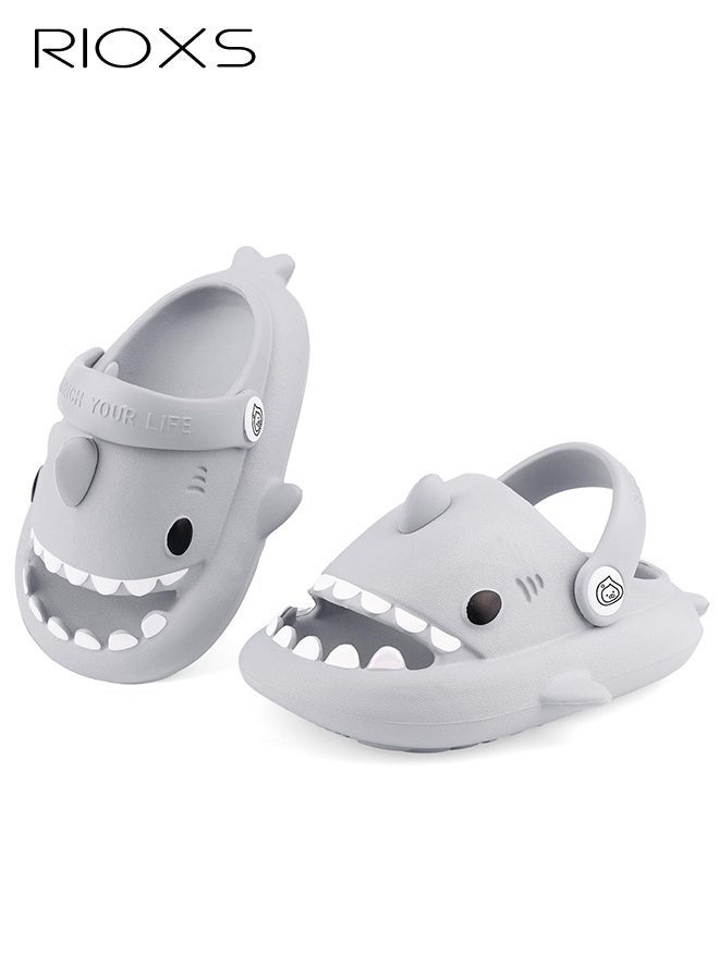 RIOXS Kids Shark Cloud Slides, Boys Girls Open Toe Slip On Sandals, Comfy Cushioned Thick Sole Cartoon Bath Slippers, Unisex Toddler Quick Dry Non-Slip Shower Sandals, Beach Pool Home Slippers for Little Kids Girls and Boys-Grey - Image 2