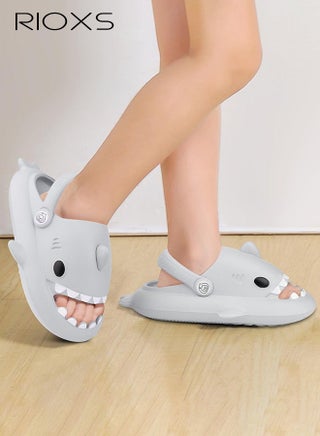 Kids Shark Cloud Slides, Boys Girls Open Toe Slip On Sandals, Comfy Cushioned Thick Sole Cartoon Bath Slippers, Unisex Toddler Quick Dry Non-Slip Shower Sandals, Beach Pool Home Slippers for Little Kids Girls and Boys-Grey
