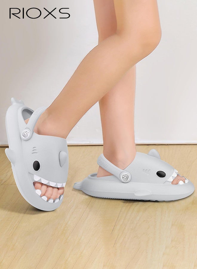 RIOXS Kids Shark Cloud Slides, Boys Girls Open Toe Slip On Sandals, Comfy Cushioned Thick Sole Cartoon Bath Slippers, Unisex Toddler Quick Dry Non-Slip Shower Sandals, Beach Pool Home Slippers for Little Kids Girls and Boys-Grey - Image 1