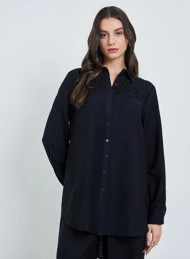 تايك تو Black Lace Detail Longline Shirt and Pants Co-Ords