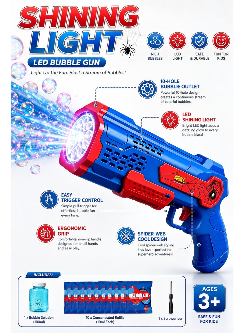 Automatic LED Bubble Gun for Kids with 10-Hole Bubble Outlet, Bubble Solution Bottle, 10 Concentrated Refills and Screwdriver, Light-Up Outdoor Bubble Toy for Ages 3+ - Image 4