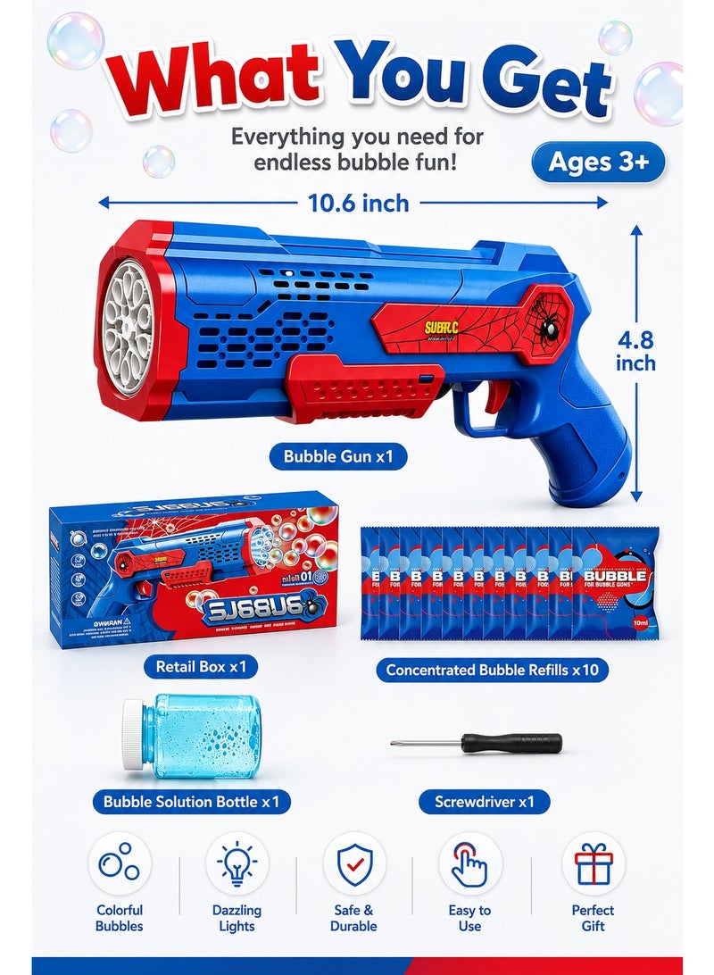 Automatic LED Bubble Gun for Kids with 10-Hole Bubble Outlet, Bubble Solution Bottle, 10 Concentrated Refills and Screwdriver, Light-Up Outdoor Bubble Toy for Ages 3+ - Image 3