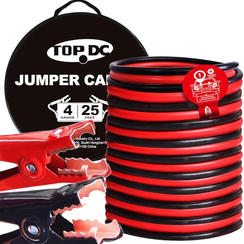 TOPDC 4 Gauge 25 Feet Jumper Cables for Car SUV and Trucks Battery Heavy Duty Automotive Booster Cables for Jump Starting Dead or Weak Batteries with Carry Bag TDP0425