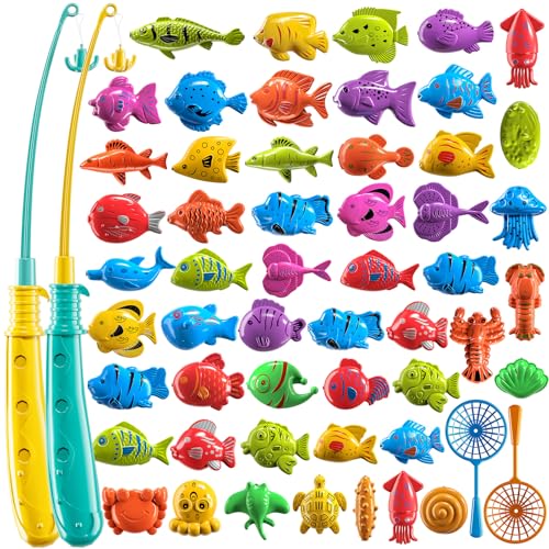 TEMI Fishing Toy Game for Kids 3 4 5 6 7 8 Years Old, 51 Fish Bath Playset for Toddlers, Toy Magnetic Rod and Fishing Net, Outdoor Water Toys for Kids Age 3-5, Party for Boy and Girl - Image 1