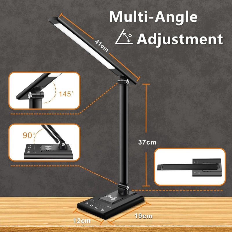 YIMI LED Desk Lamp, Table Lamp with Fast Wireless Charger & USB Charging Port, 12W Office Desk Light with 35 Adjustable Lights, Touch Control & Memory Function for Home Office, Reading, Studying (Black) - Image 5