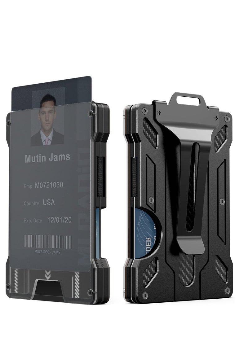 KASTWAVE Wallet For Men Slim Aluminum Metal Money Clip with Transparent Work RFID Metal Wallet Work ID Card Holder Business Card Holder with Clear Window ID Badge Clip Cash Card Slim Minimalist Wallet (Black) - Image 1