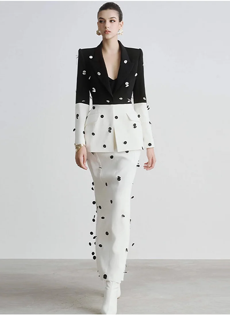 Madam Uniq European and American Celebrity Fashion Sequin Beaded Color Block Suit Jacket and Fishtail Long Midi Skirt Set